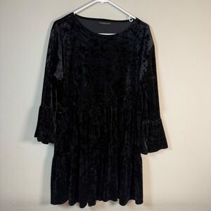 Black Crushed Velvet Tiered Babydoll Dress One Size Bell Sleeve Boho Goth Witchy